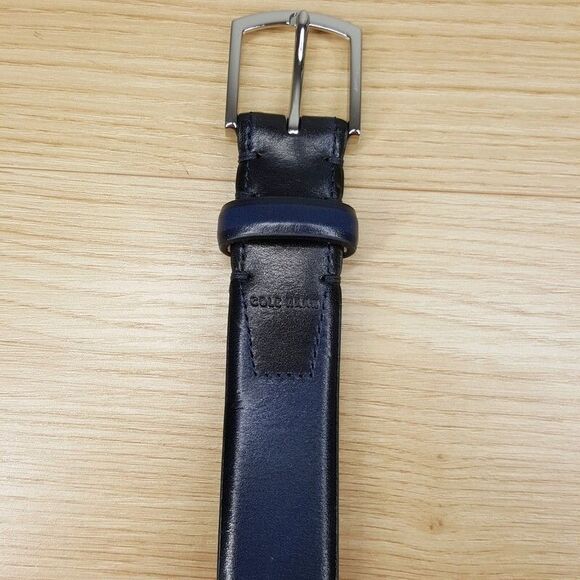 COLE HAAN Belt Mens Size 42 Black Blue Leather Colorblock Silver Logo Buckle - Picture 3 of 7